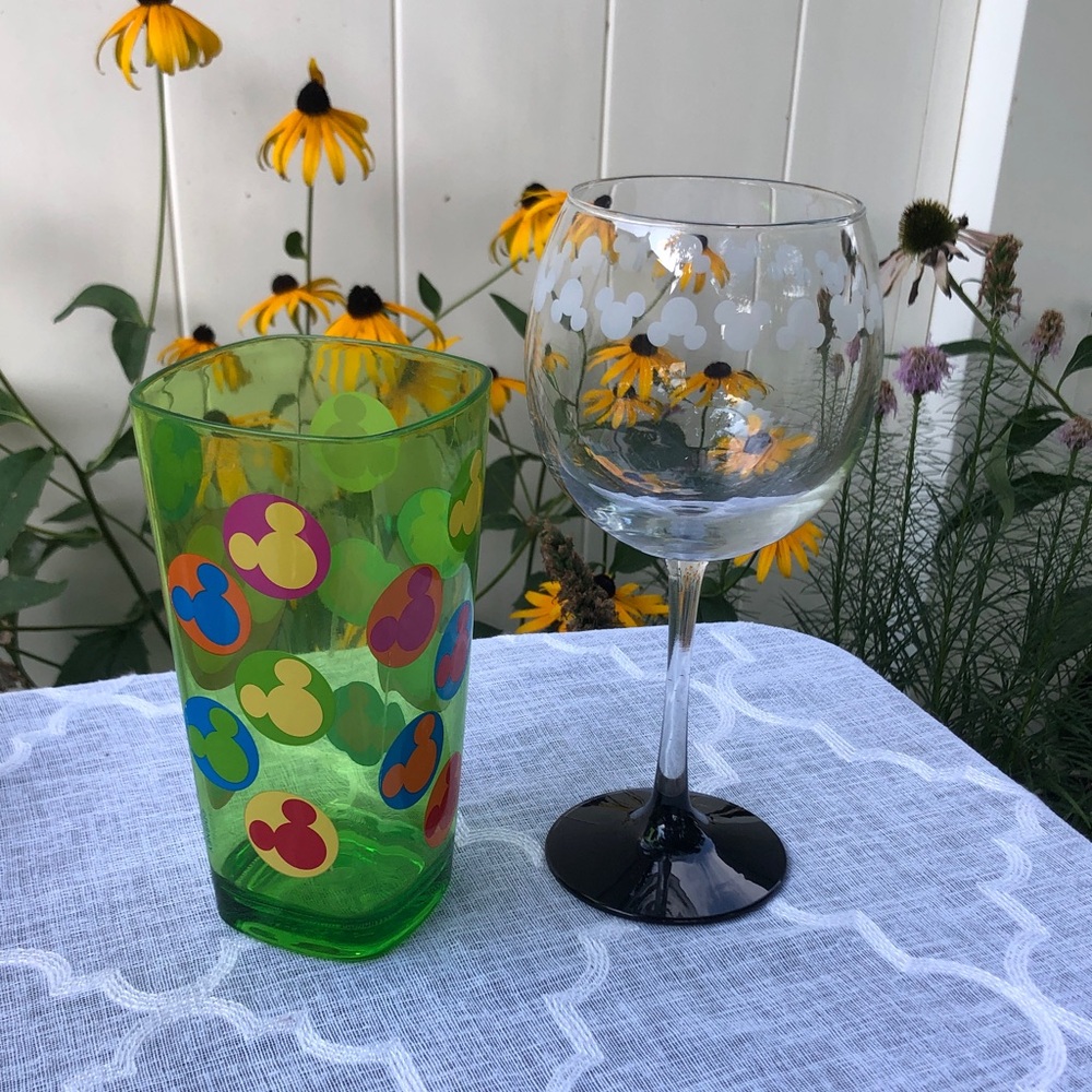 DISNEY iconic Mickey Mouse themed long stem wide wine glass & tall plastic glass